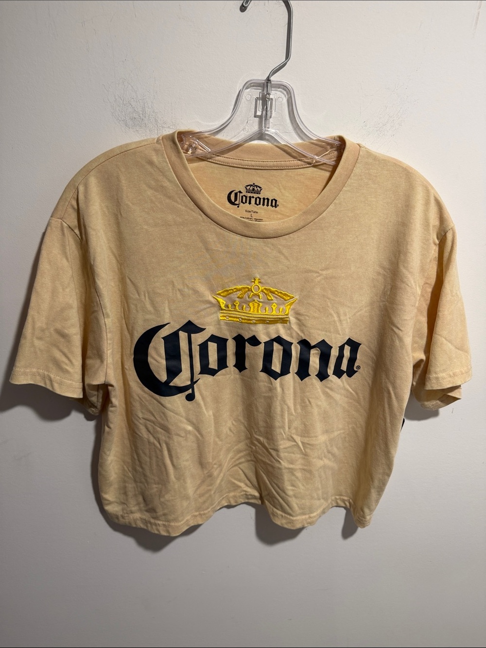 Corona Cream Crop Tee with Black Logo and Yellow Crown NWT Size Large